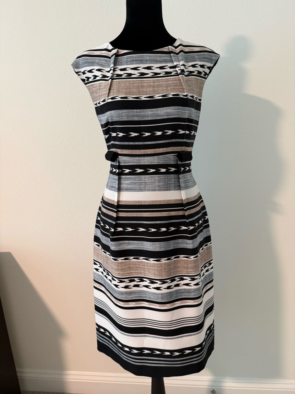 connected apparel Striped Midi Sheath Dress in Black, White & Taupe